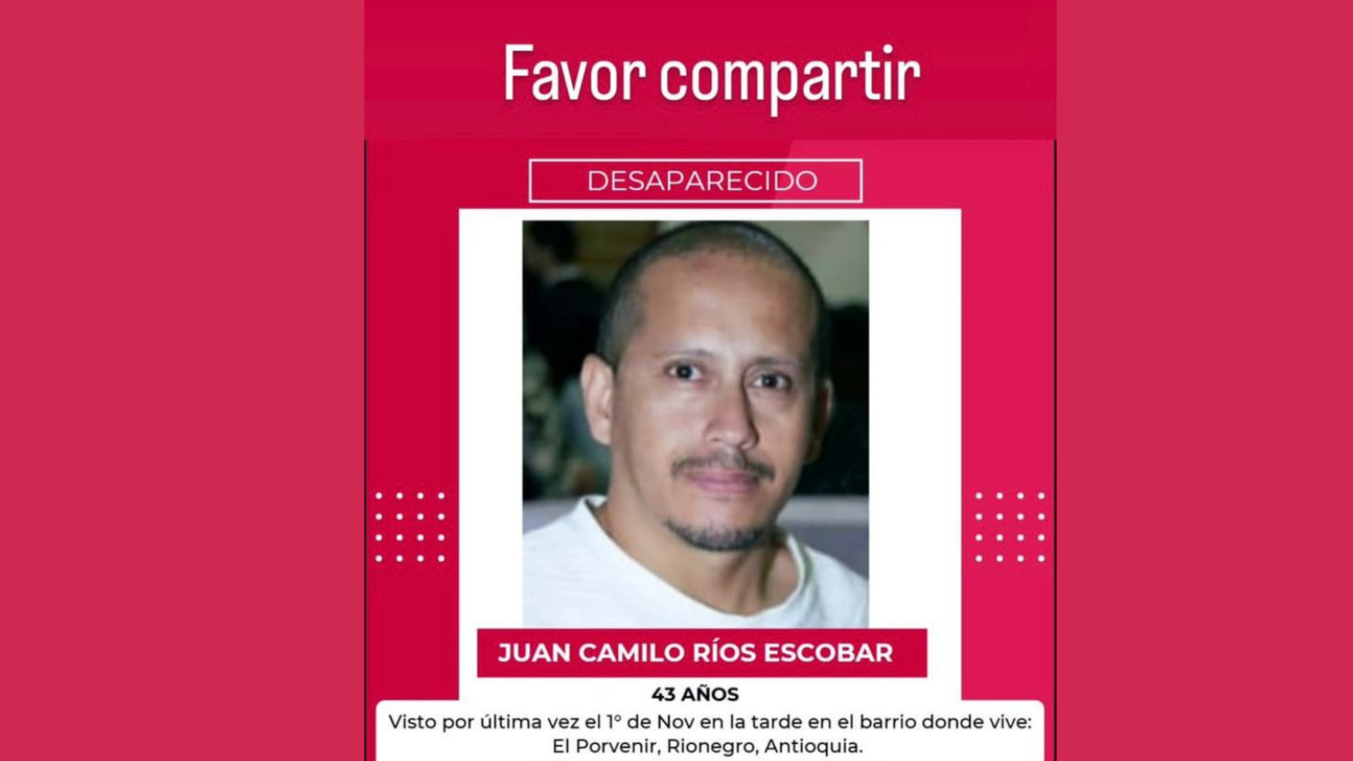 ¿Dónde está Juan Camilo Ríos? Familia busca respuestas tras su desaparición en Rionegro