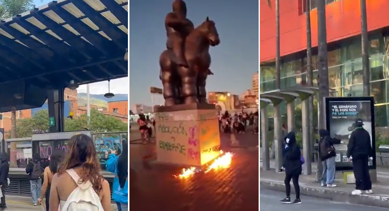 Grupo de feministas vandalizan estación de Metroplús de Medellín e intentan quemar escultura de Botero en Bogotá