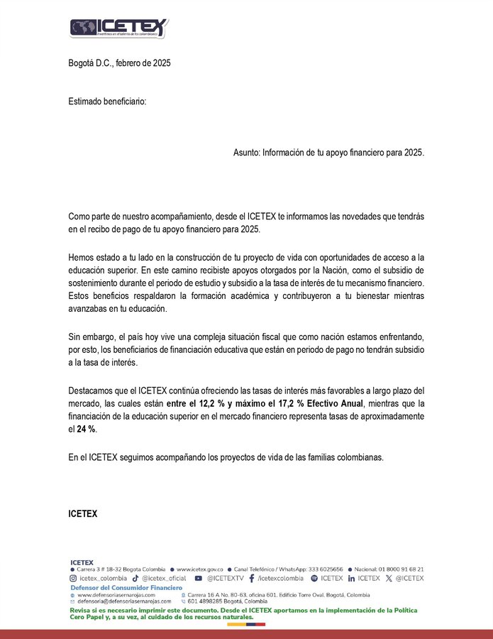 Carta del ICETEX enviada a los estudiantes 