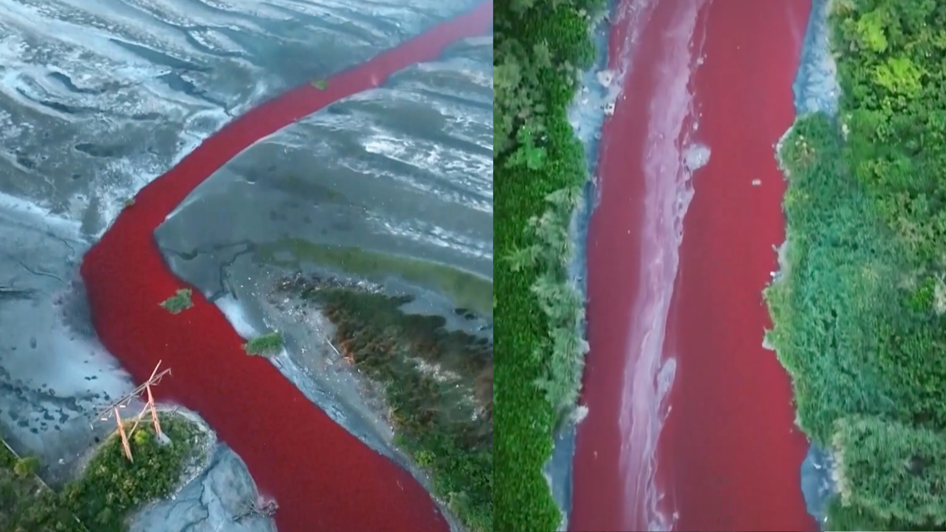 Río en Argentina se tiñe de rojo